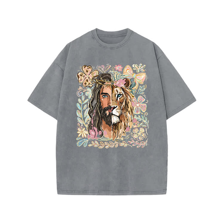 Vintage Lion Portrait Print Acid Washed T-shirt - Grey - US20-22(3XL) - image 1