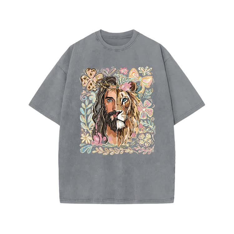 Vintage Lion Portrait Print Acid Washed T-shirt - Grey - US20-22(3XL) - image 1