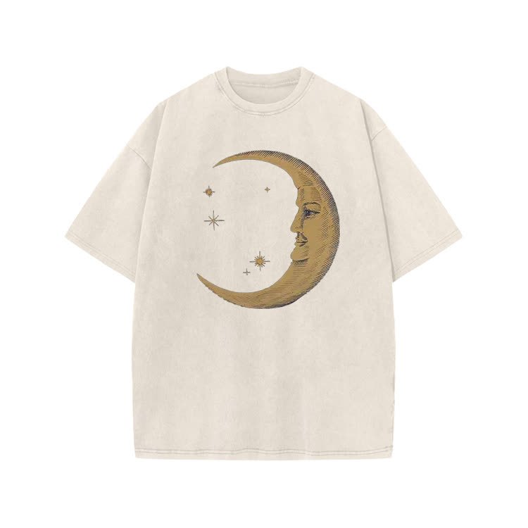 Vintage Moon Face Print Acid Washed T-shirt - Beige - US20-22(3XL) - image 2