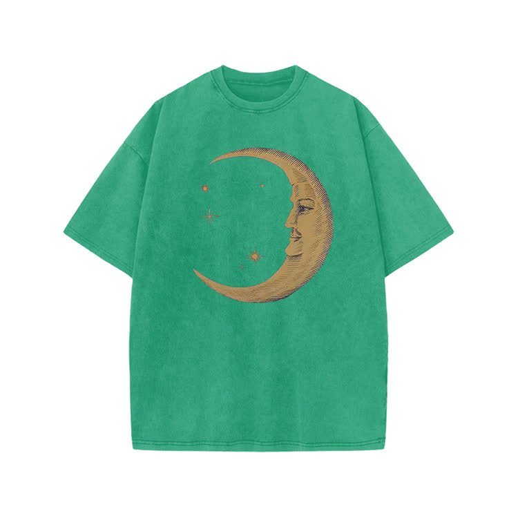 Vintage Moon Face Print Acid Washed T-shirt - Green - US20-22(3XL) - image 1