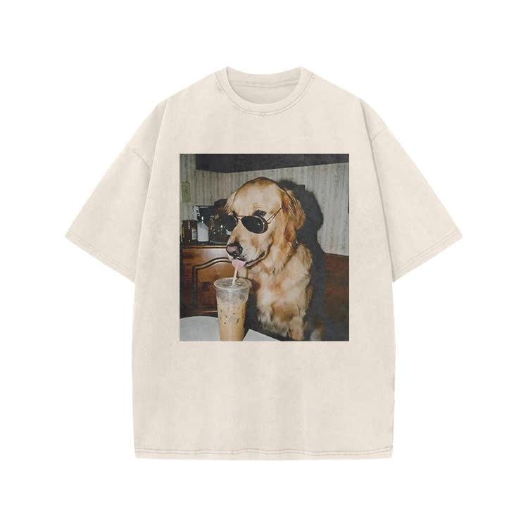 Vintage Dog Photo Print Acid Washed T-shirt - Beige - US20-22(3XL) - image 2