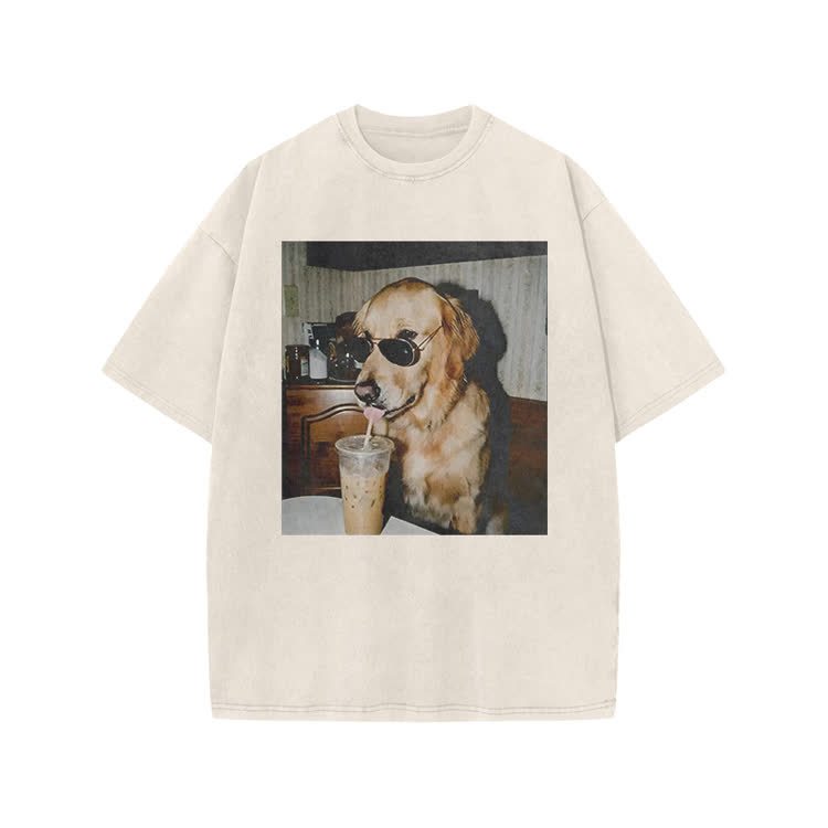 Vintage Dog Photo Print Acid Washed T-shirt - Beige - US20-22(3XL) - image 2