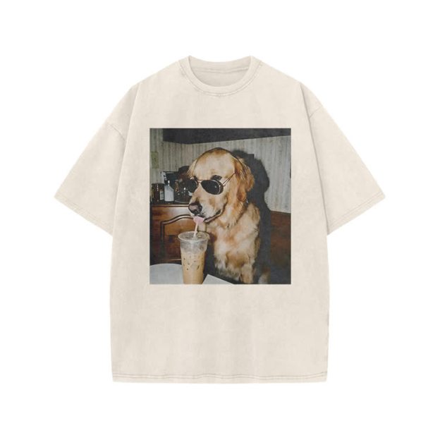 Vintage Dog Photo Print Acid Washed T-shirt - Beige - US20-22(3XL) - image 2
