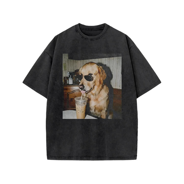 Vintage Dog Photo Print Acid Washed T-shirt - Black - US20-22(3XL) - image 1