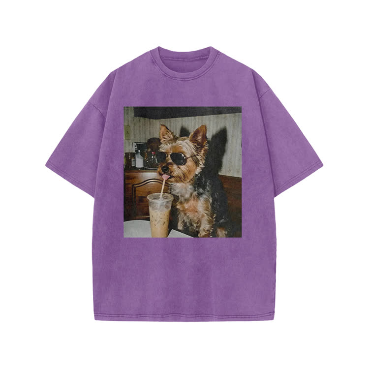 Vintage Dog Coffee Graphic Print Acid Washed T-shirt - Purple - US20-22(3XL) - image 2