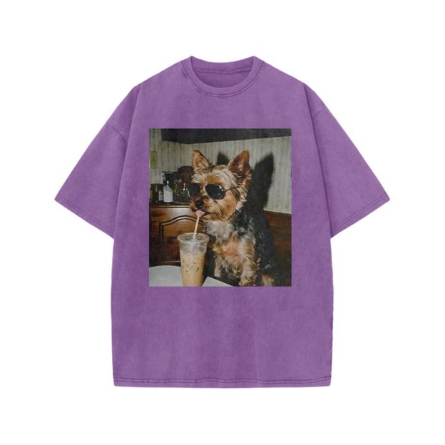 Vintage Dog Coffee Graphic Print Acid Washed T-shirt - Purple - US20-22(3XL) - image 2