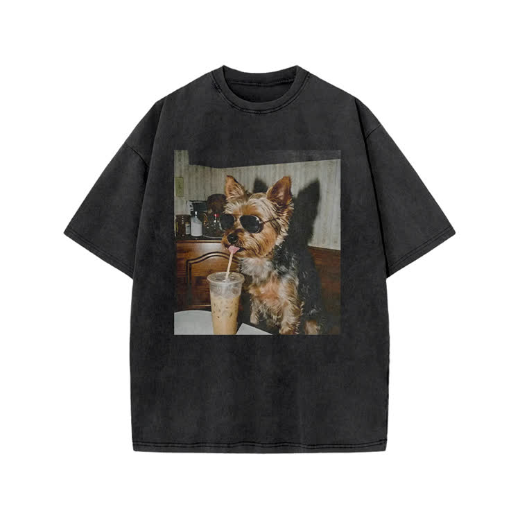 Vintage Dog Coffee Graphic Print Acid Washed T-shirt - Black - US20-22(3XL) - image 1