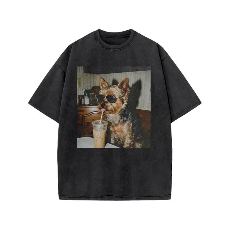 Vintage Dog Coffee Graphic Print Acid Washed T-shirt - Black - US20-22(3XL) - image 1
