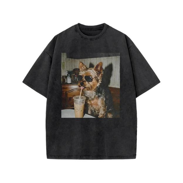 Vintage Dog Coffee Graphic Print Acid Washed T-shirt - Black - US20-22(3XL) - image 1