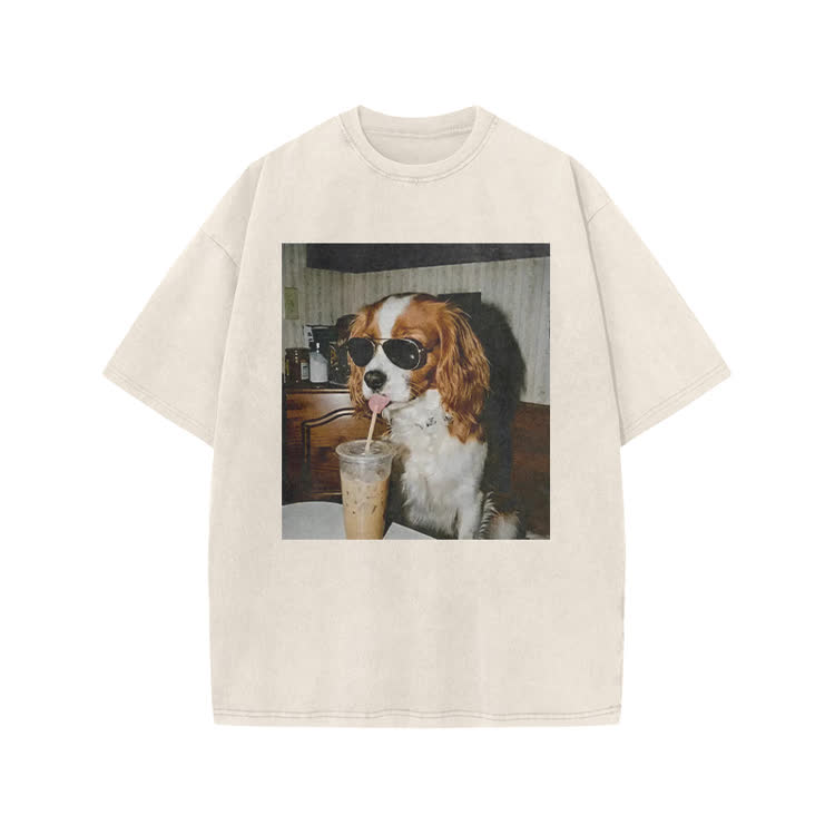 Vintage Iced Coffee Dog Print Acid Washed T-shirt - Beige - US20-22(3XL) - image 2