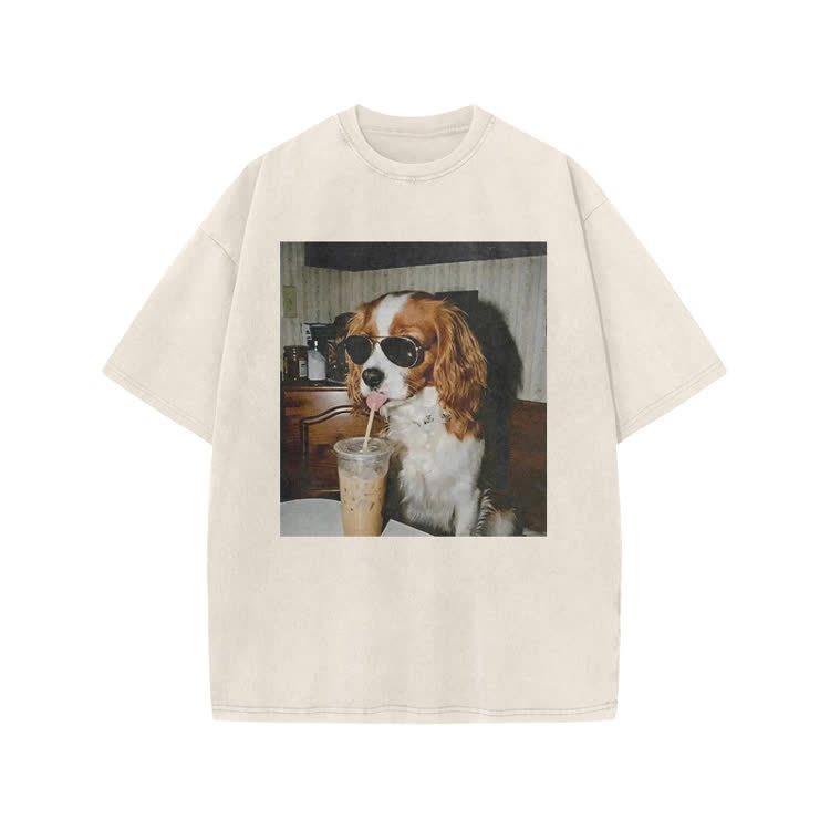 Vintage Iced Coffee Dog Print Acid Washed T-shirt - Beige - US20-22(3XL) - image 2