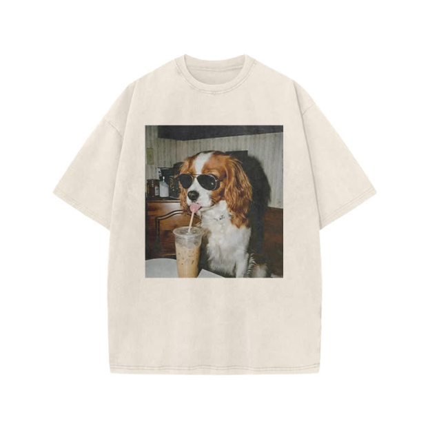 Vintage Iced Coffee Dog Print Acid Washed T-shirt - Beige - US20-22(3XL) - image 2