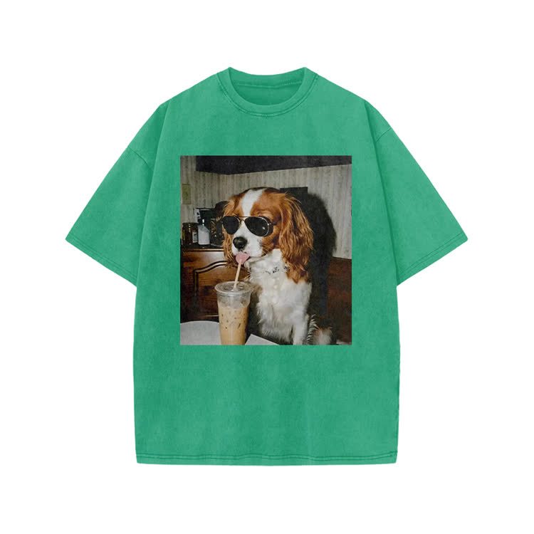 Vintage Iced Coffee Dog Print Acid Washed T-shirt - Green - US20-22(3XL) - image 6