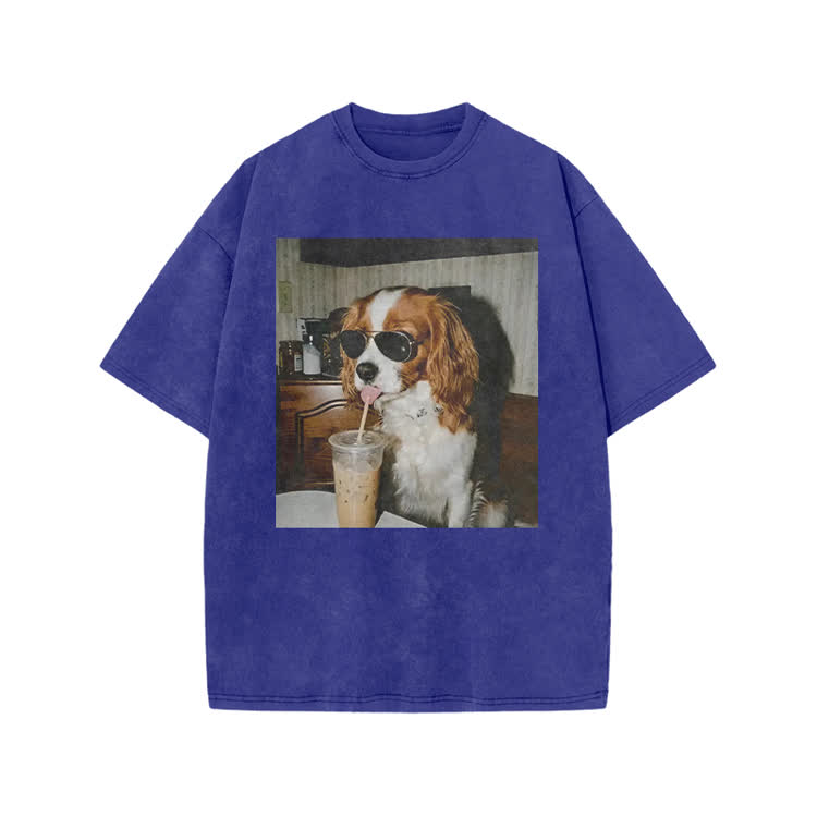 Vintage Iced Coffee Dog Print Acid Washed T-shirt - Blue - US20-22(3XL) - image 4
