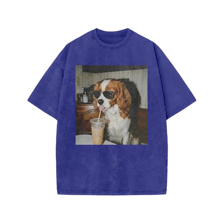 Vintage Iced Coffee Dog Print Acid Washed T-shirt - Blue - US20-22(3XL) - image 4