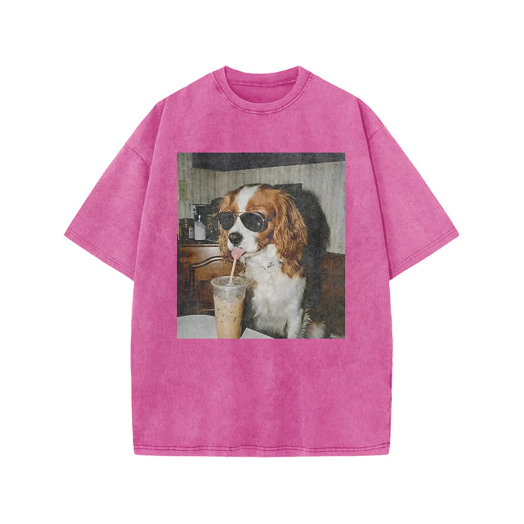 Vintage Iced Coffee Dog Print Acid Washed T-shirt - Pink - US20-22(3XL) - image 3