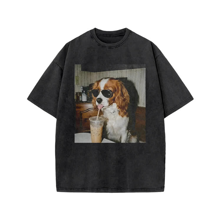 Vintage Iced Coffee Dog Print Acid Washed T-shirt - Black - US20-22(3XL) - image 1