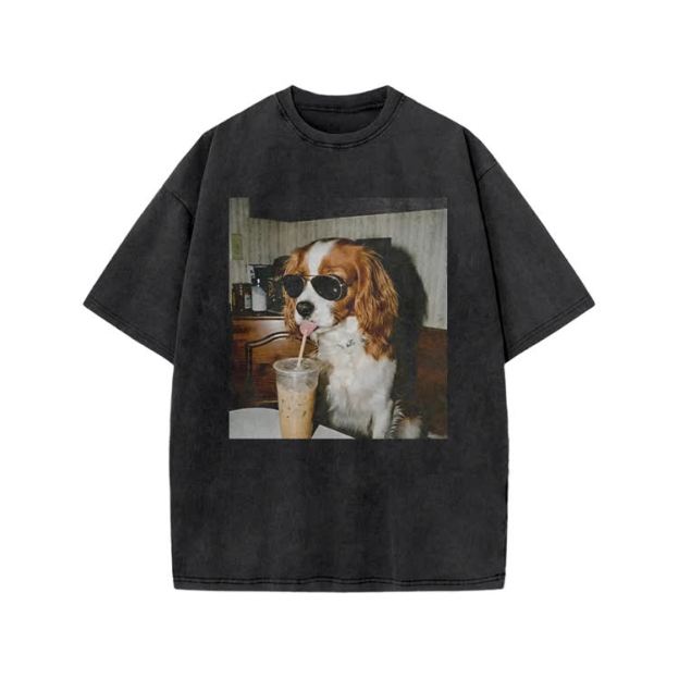 Vintage Iced Coffee Dog Print Acid Washed T-shirt - Black - US20-22(3XL) - image 1