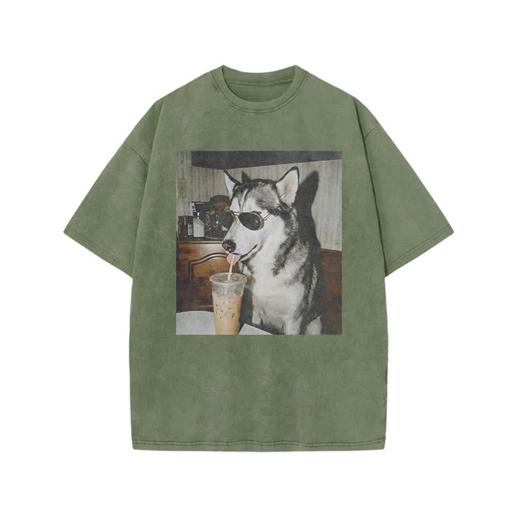 Vintage Husky Iced Coffee Print Acid Washed T-shirt - Army Green - US20-22(3XL) - image 2