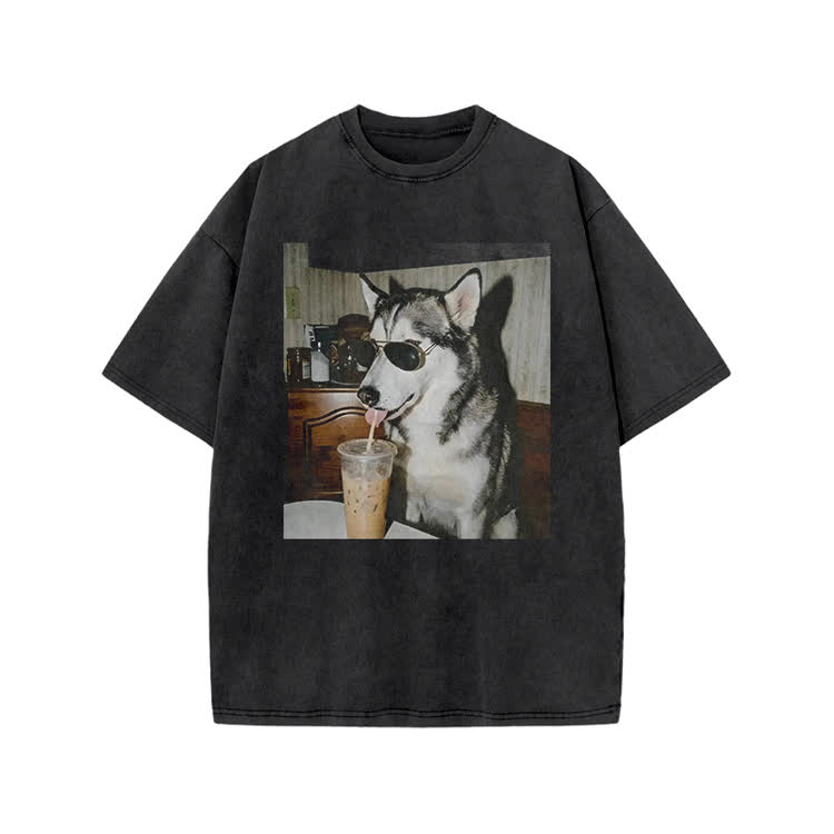 Vintage Husky Iced Coffee Print Acid Washed T-shirt - Black - US20-22(3XL) - image 1