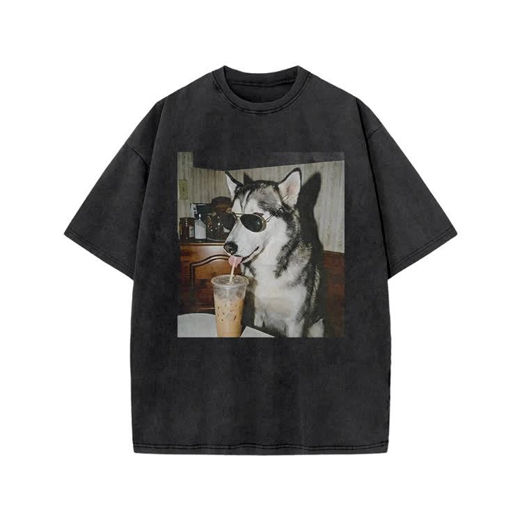 Vintage Husky Iced Coffee Print Acid Washed T-shirt - Black - US20-22(3XL) - image 1