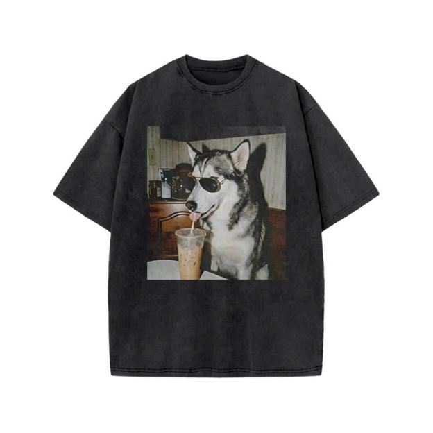 Vintage Husky Iced Coffee Print Acid Washed T-shirt - Black - US20-22(3XL) - image 1