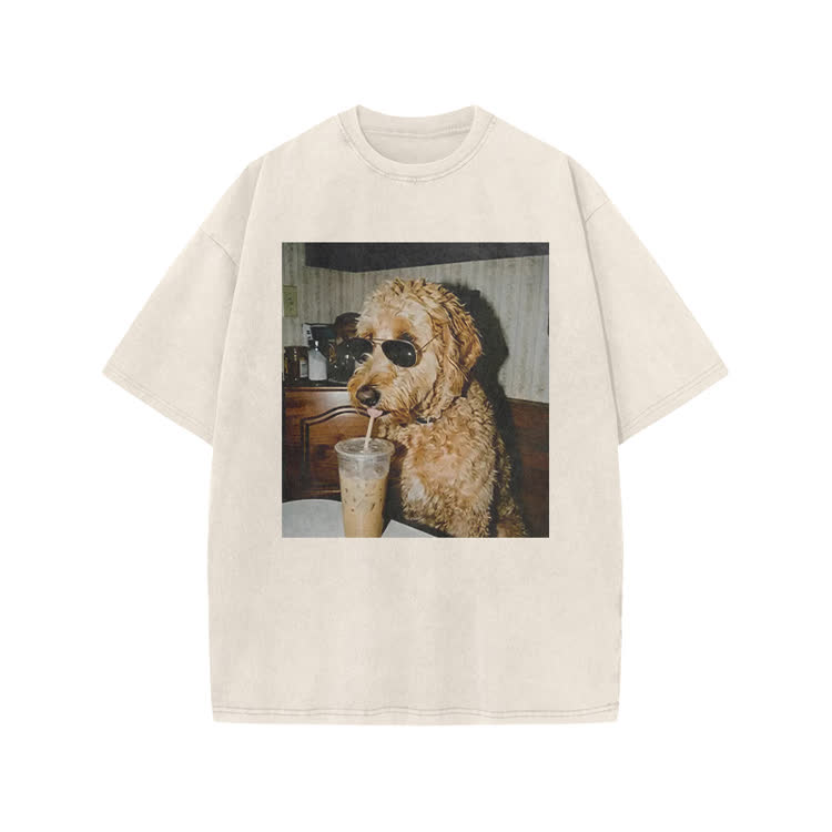 Playful Dog Photo Print Acid Washed T-shirt - Beige - US20-22(3XL) - image 2