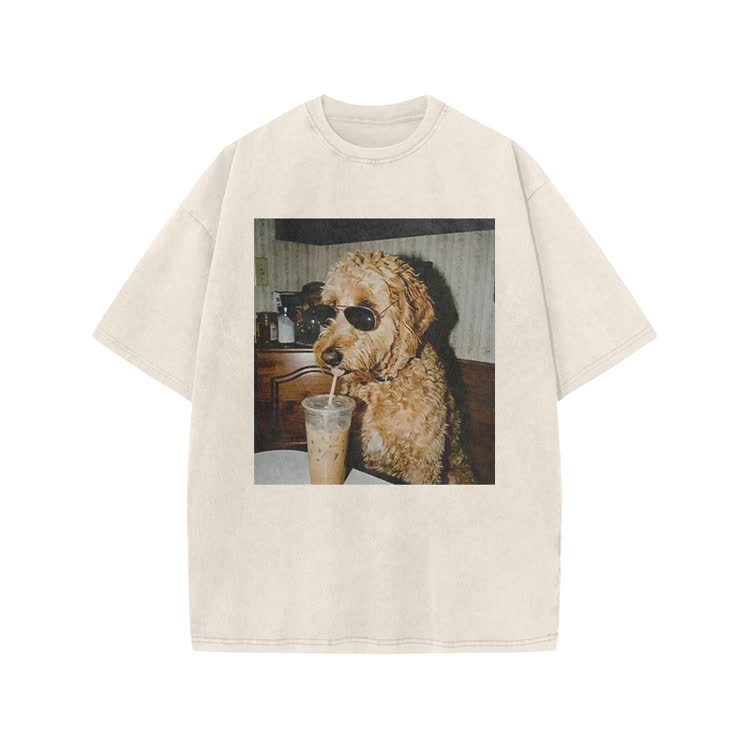 Playful Dog Photo Print Acid Washed T-shirt - Beige - US20-22(3XL) - image 2
