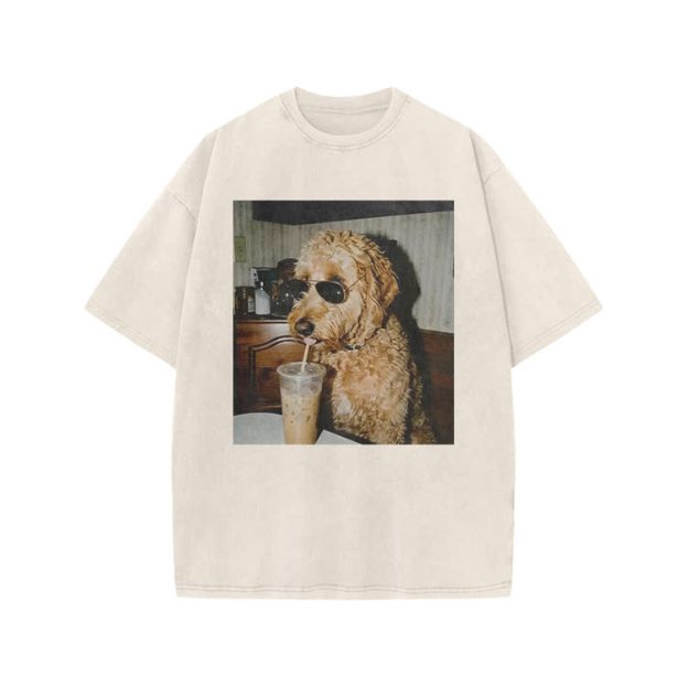 Playful Dog Photo Print Acid Washed T-shirt - Beige - US20-22(3XL) - image 2