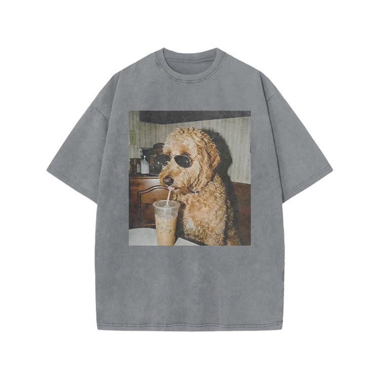 Playful Dog Photo Print Acid Washed T-shirt - Grey - US20-22(3XL) - image 6