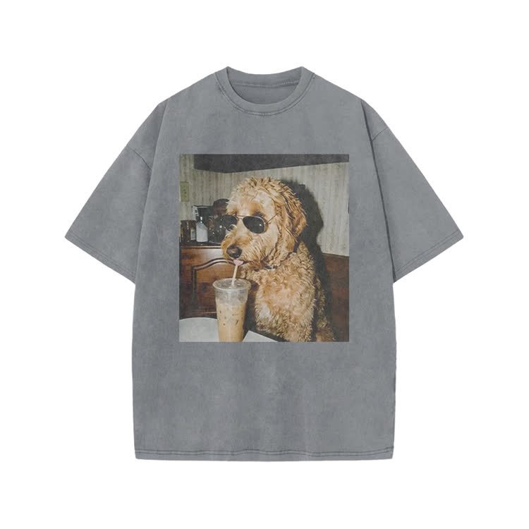 Playful Dog Photo Print Acid Washed T-shirt - Grey - US20-22(3XL) - image 6