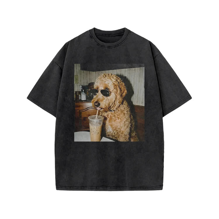 Playful Dog Photo Print Acid Washed T-shirt - Black - US20-22(3XL) - image 1