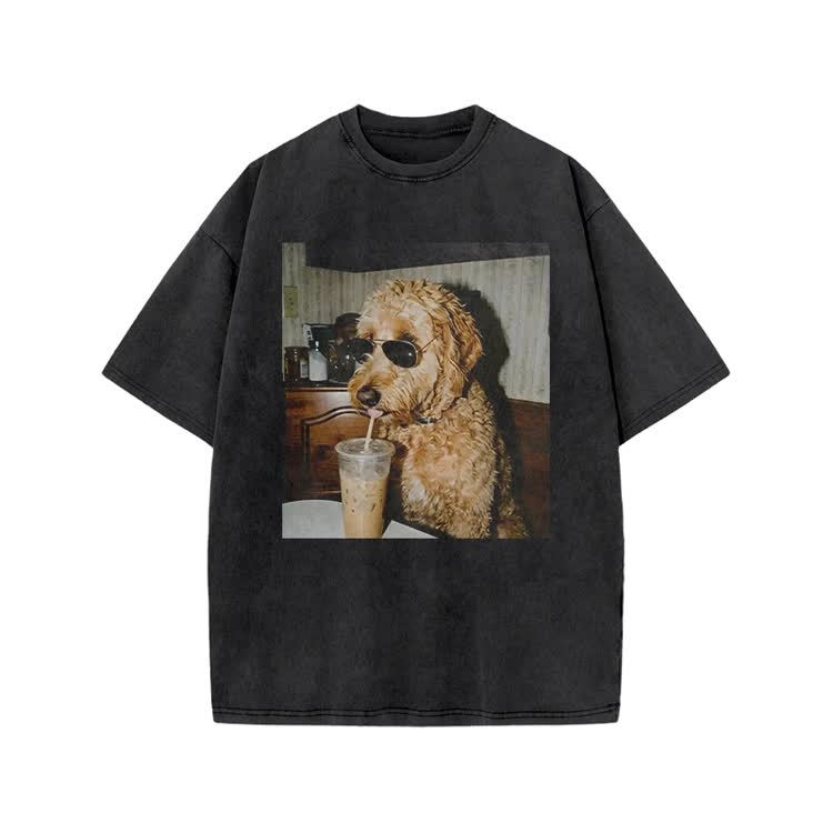 Playful Dog Photo Print Acid Washed T-shirt - Black - US20-22(3XL) - image 1
