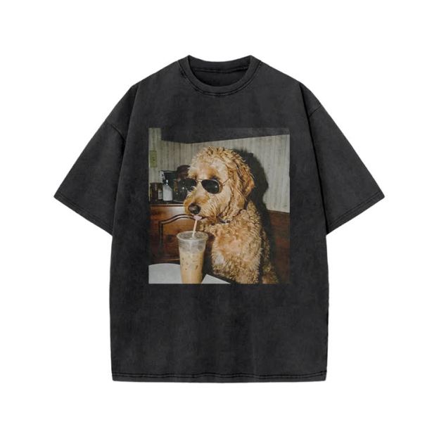 Playful Dog Photo Print Acid Washed T-shirt - Black - US20-22(3XL) - image 1