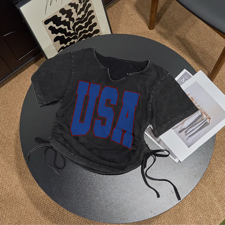 USA Print Acid Washed Drawstring T-Shirt - Blue - US16-18(2XL) - image 2