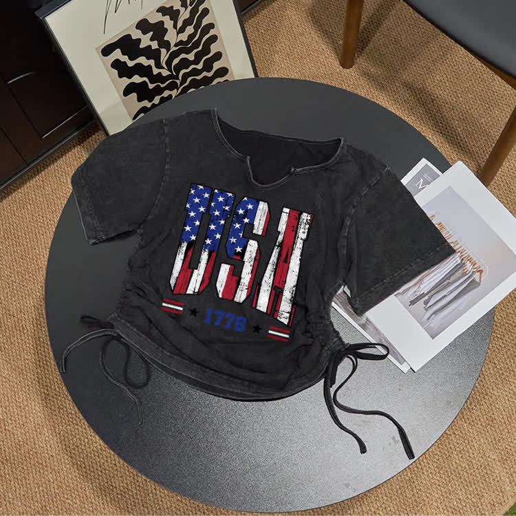 USA Print Acid Washed Drawstring T-Shirt - 1776 - US16-18(2XL) - image 3