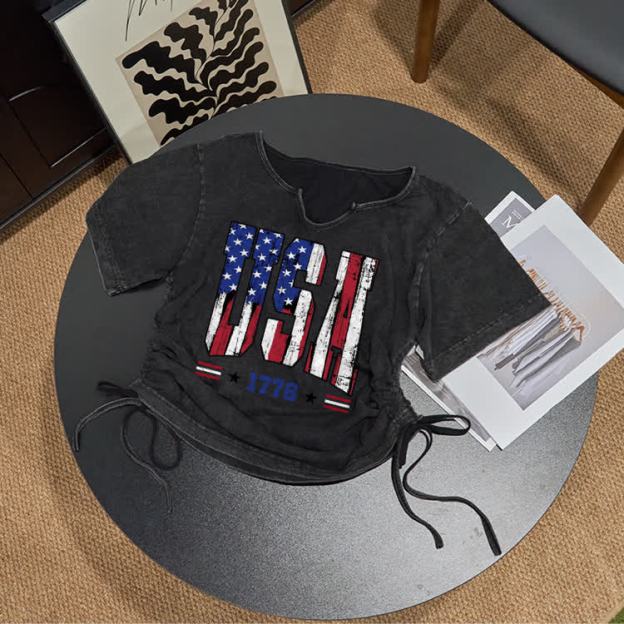 USA Print Acid Washed Drawstring T-Shirt - 1776 - US16-18(2XL) - image 3
