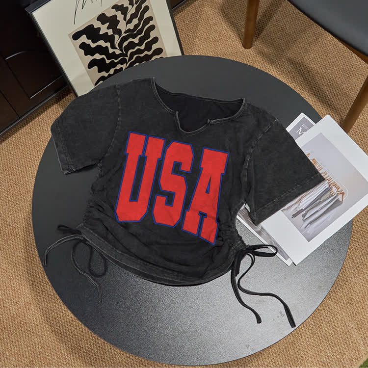 USA Print Acid Washed Drawstring T-Shirt - Red - US16-18(2XL) - image 1