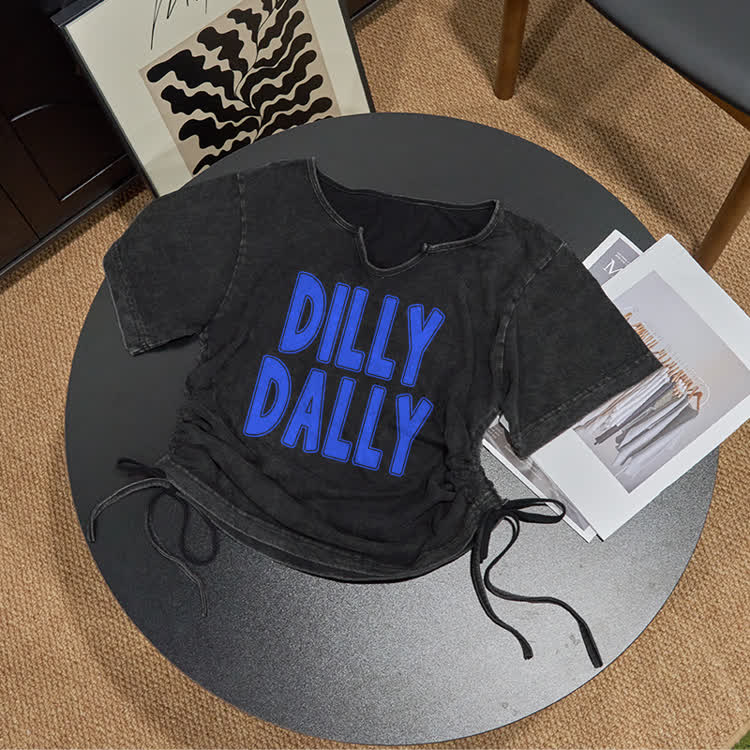 Casual DILLY DALLY Print Acid Washed Drawstring T-Shirt - Black - US16-18(2XL) - image 1