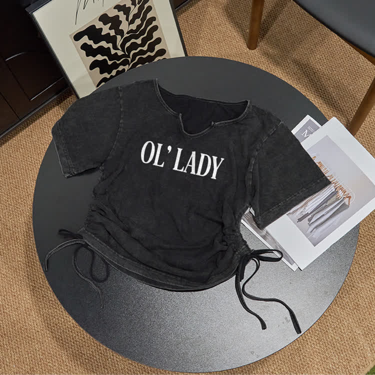 OL' Lady Print Acid Washed Drawstring T-Shirt - Black - US16-18(2XL) - image 1