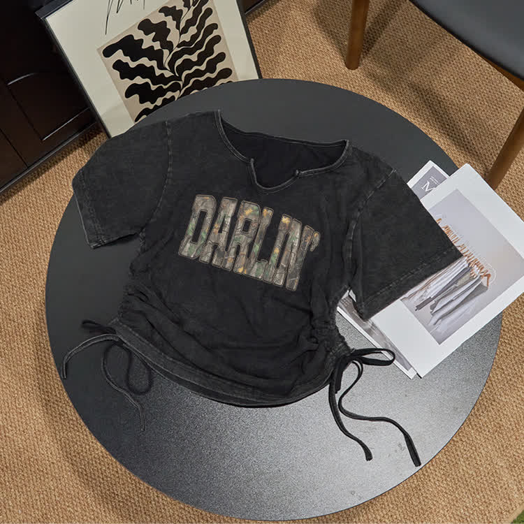 Casual DARLIN' Camo Print Acid Washed Drawstring T-Shirt - Black - US16-18(2XL) - image 1