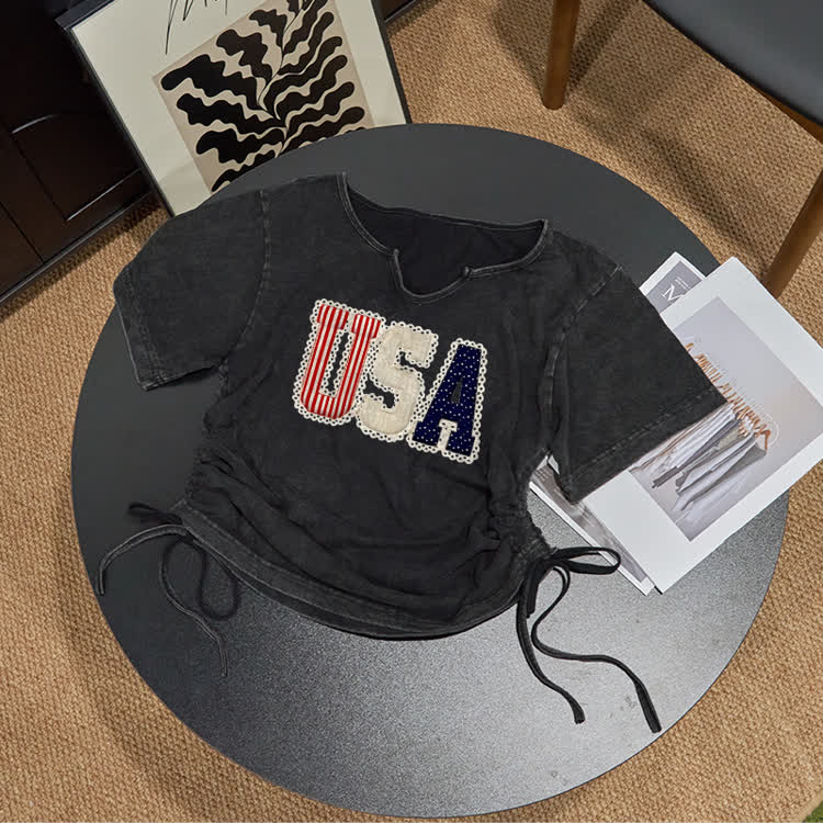 Vintage College Style USA Acid Washed Drawstring T-Shirt - Black - US16-18(2XL) - image 1