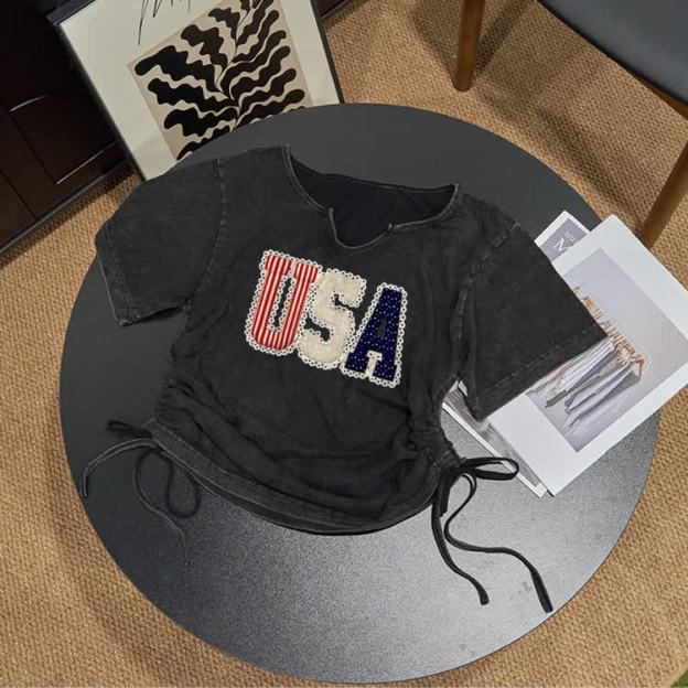 Vintage College Style USA Acid Washed Drawstring T-Shirt - Black - US16-18(2XL) - image 1