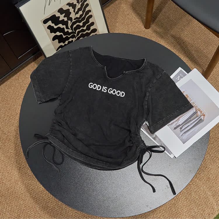 God Is Good Acid Washed Drawstring T-Shirt - Black - US16-18(2XL) - image 1