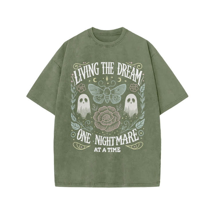 Living The Dream Gothic Ghost Print Acid Washed T-Shirt - Army Green - US20-22(3XL) - image 2