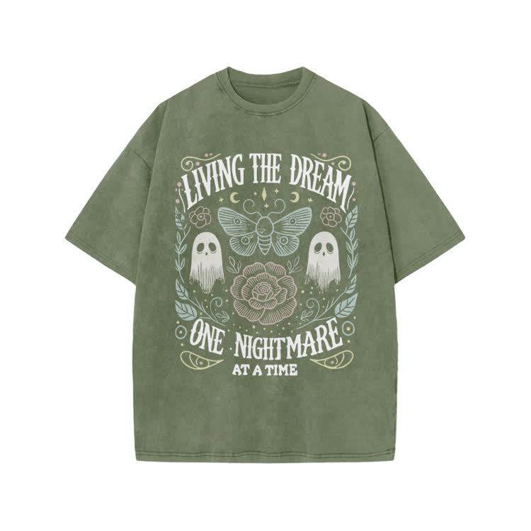 Living The Dream Gothic Ghost Print Acid Washed T-Shirt - Army Green - US20-22(3XL) - image 2