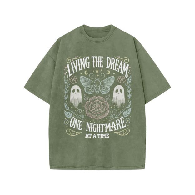 Living The Dream Gothic Ghost Print Acid Washed T-Shirt - Army Green - US20-22(3XL) - image 2
