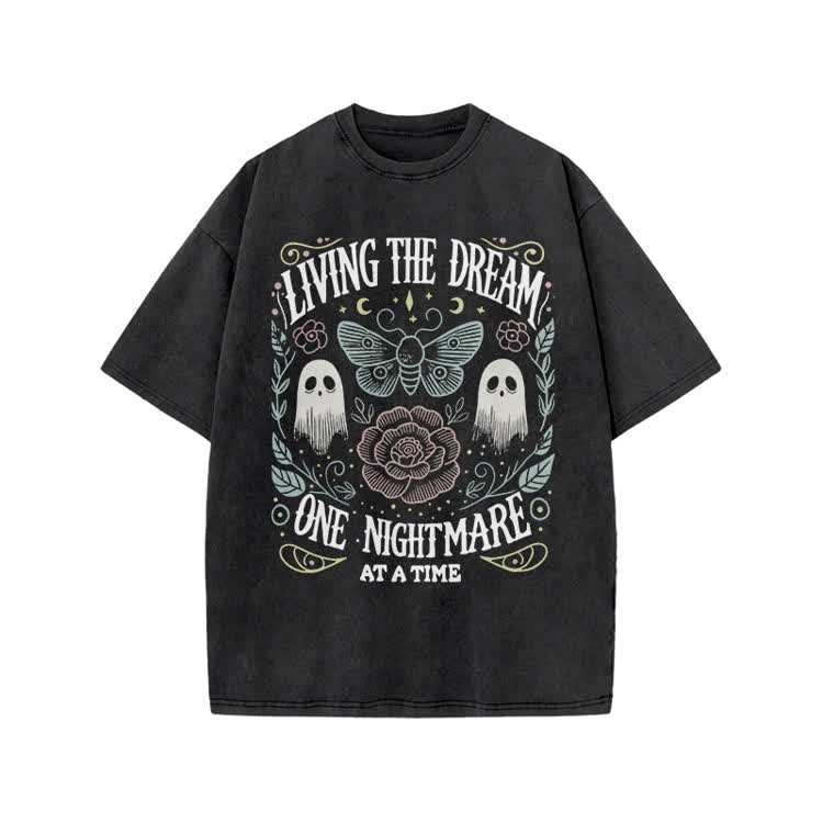 Living The Dream Gothic Ghost Print Acid Washed T-Shirt - Black - US20-22(3XL) - image 1