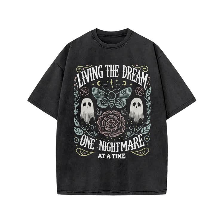 Living The Dream Gothic Ghost Print Acid Washed T-Shirt - Black - US20-22(3XL) - image 1