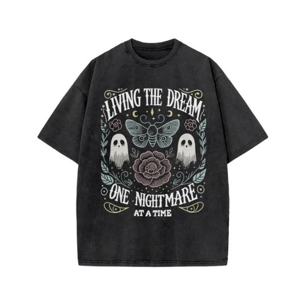 Living The Dream Gothic Ghost Print Acid Washed T-Shirt - Black - US20-22(3XL) - image 1